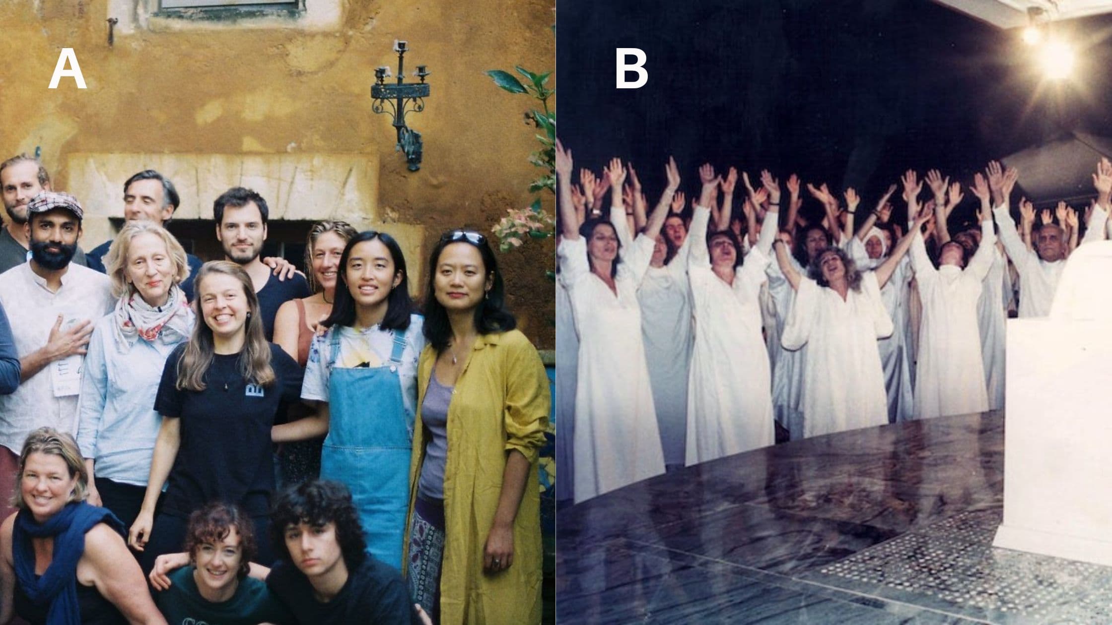 Split Image of a group of people vs a group of people praising