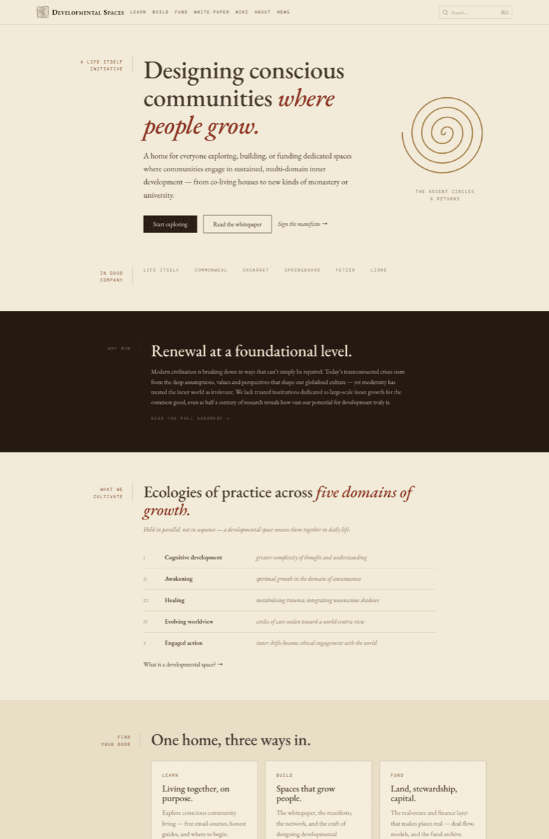 The July 2026 home page: warm parchment ground, the headline "Designing conscious communities where people grow" with a gold spiral, and three ways in