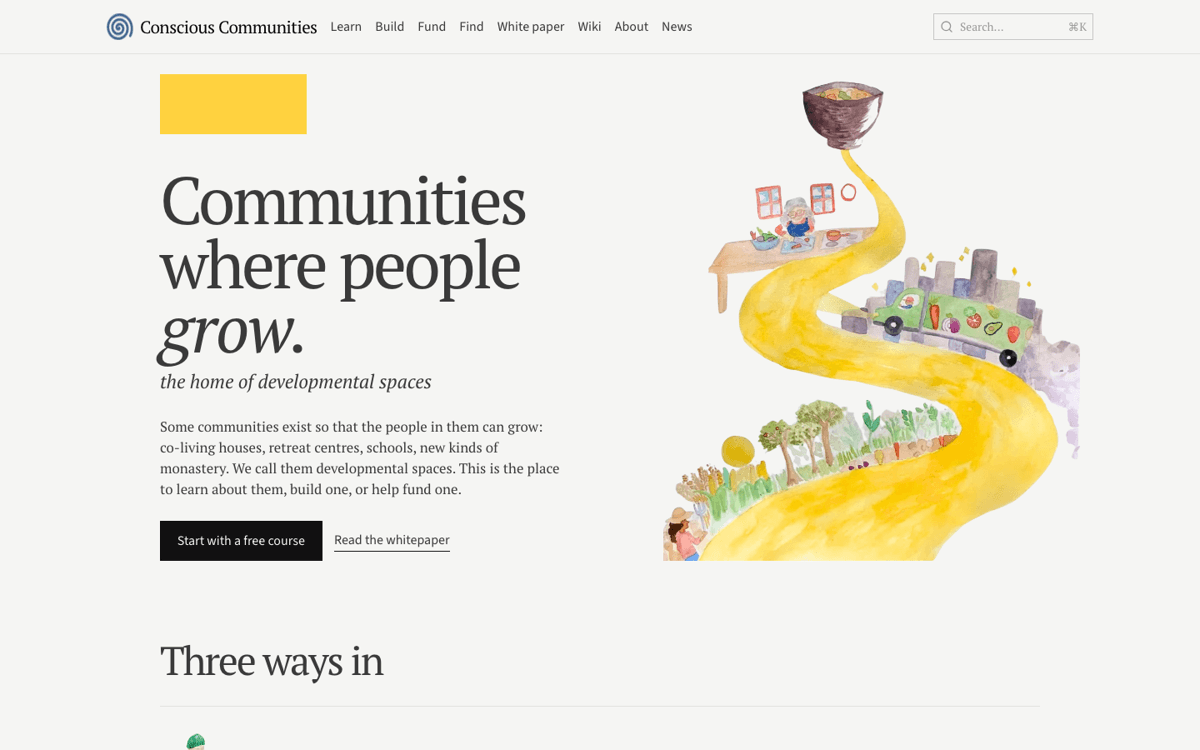 The new home page: a yellow block, the headline "Communities where people grow", and a watercolour of a yellow road winding from fields to a kitchen and a bowl