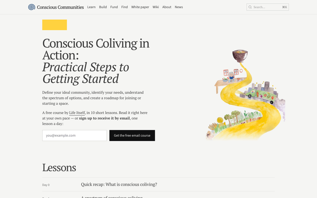 A course page: the title "Conscious Coliving in Action" set tight with an italic second line, the email signup, and a watercolour of a yellow road winding from fields to a bowl
